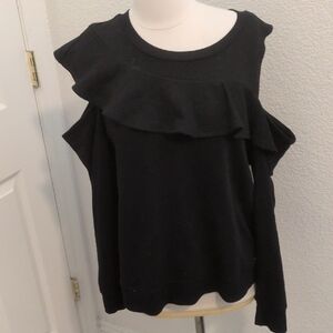 Dkny New York Black Cold Shoulder Sweatshirt Ruffle Front Black Top Sexy Open